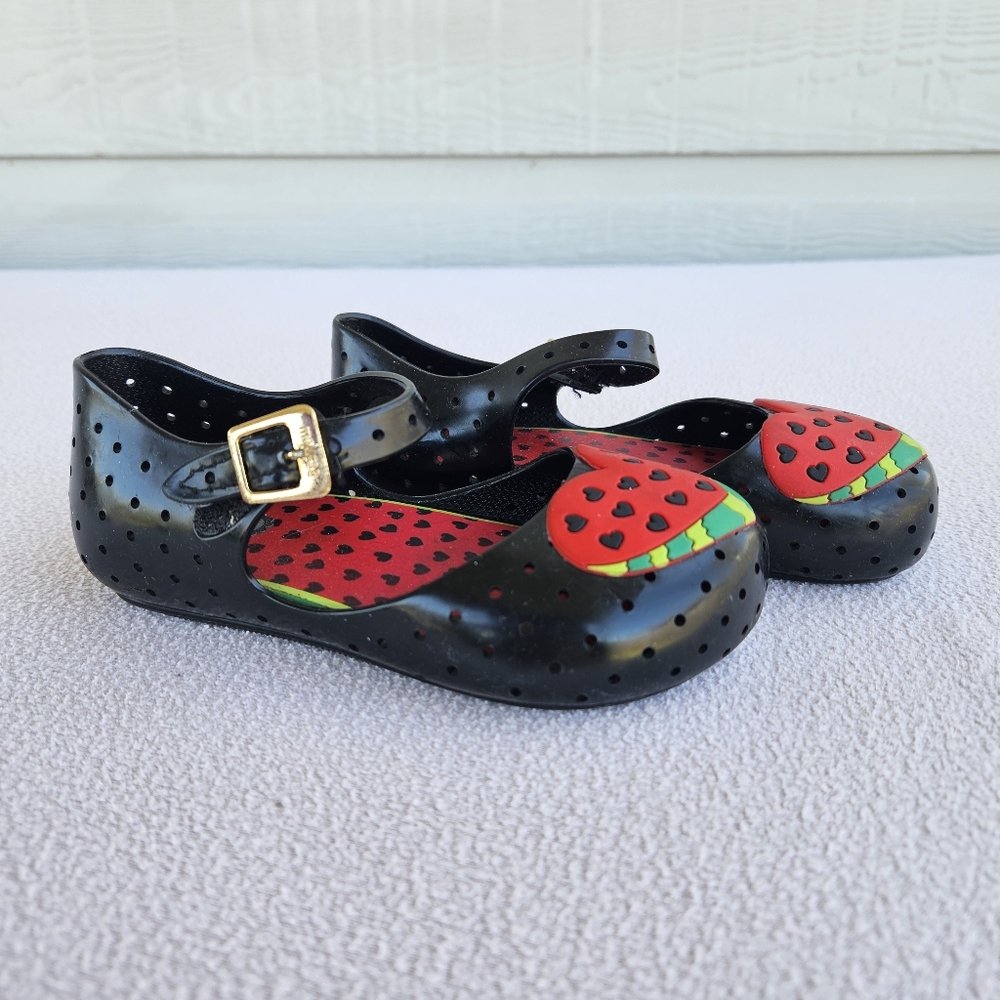 Mini Melissa Pop Watermelon Fruit Sandal Black Red SZ 9 Hook & Loop Mary Jane